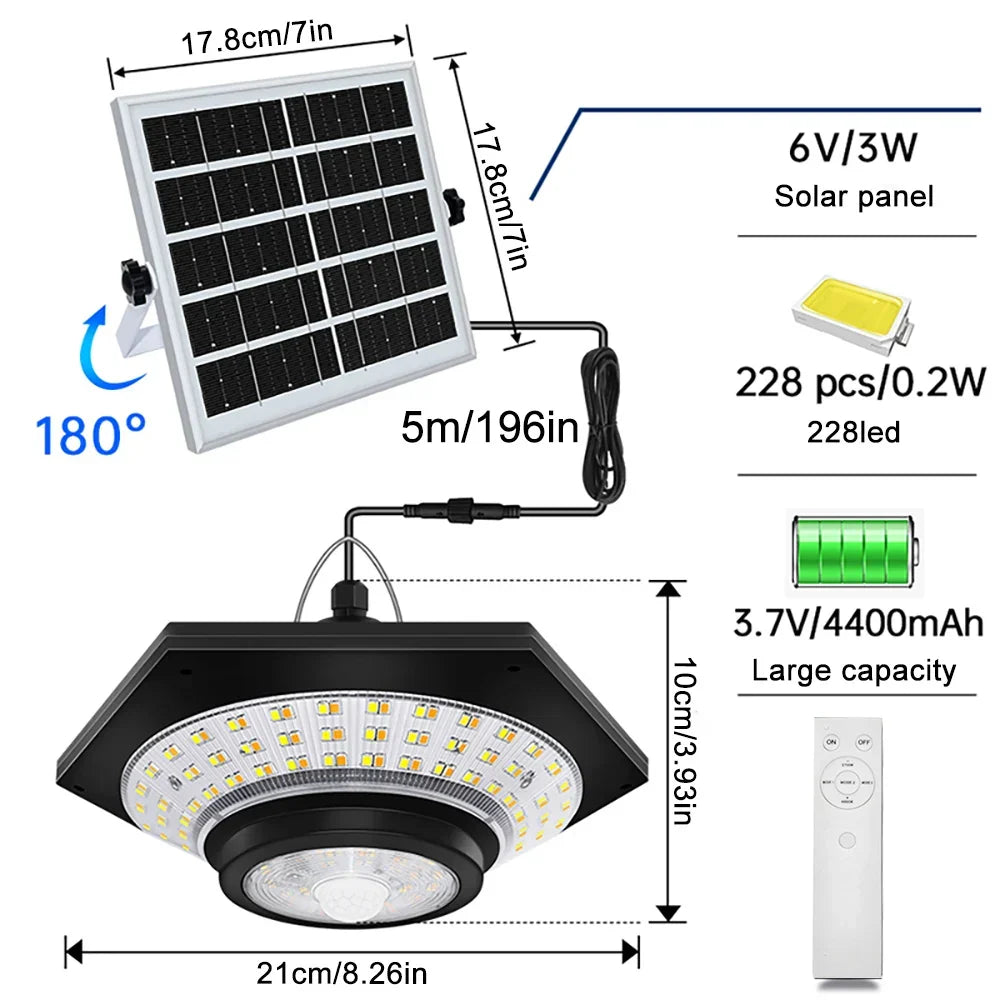 228 LED Solar Plafondlamp | 360° Lichthoek | Met Afstandsbediening & Bewegingssensor | 4400mAh Batterij