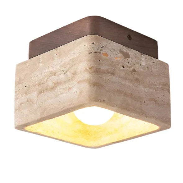 Vierkante Travertin- en Houten-LED-Plafondlamp