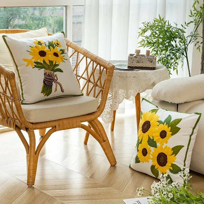 Katoenen Geborduurde Decoratieve Kussen 45x45 cm met Zonnebloem Patroon