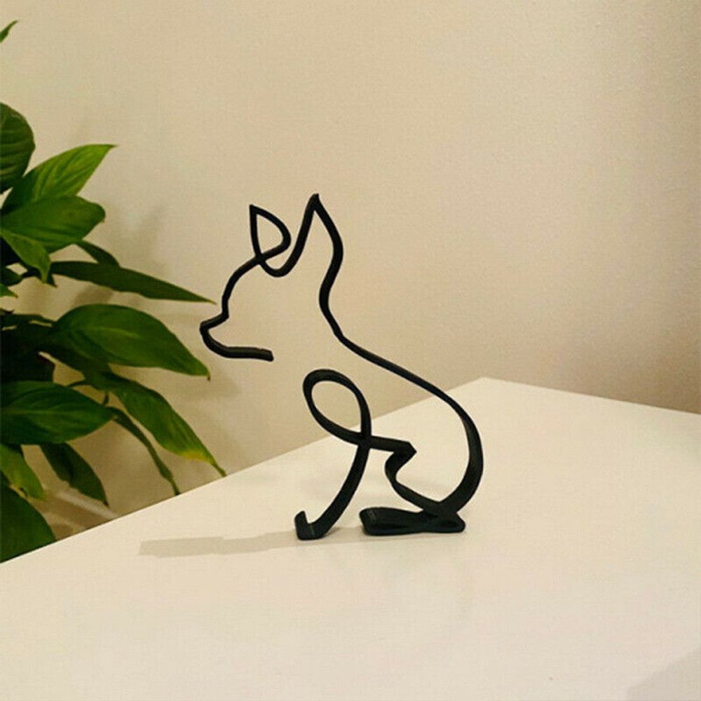 Tier Kunst Eisen Sculptuur Retro Metaal zwarte Lijnen Kat Hond Bureau Ornament
