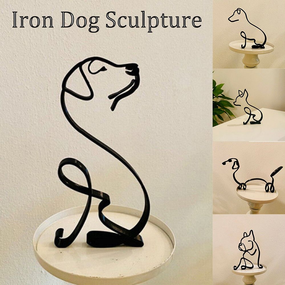 Tier Kunst Eisen Sculptuur Retro Metaal zwarte Lijnen Kat Hond Bureau Ornament