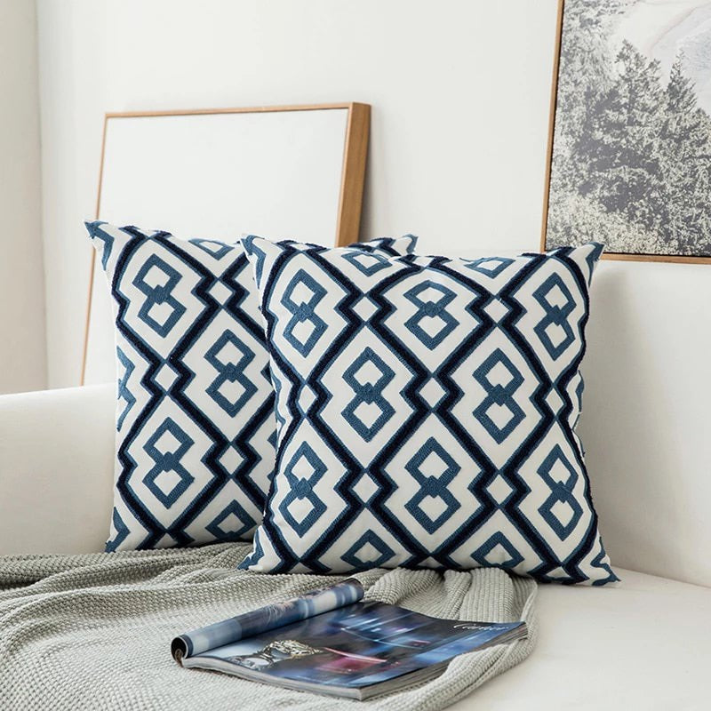 Blauw Borduursel Decoratief Kussen met Ornamentpatroon