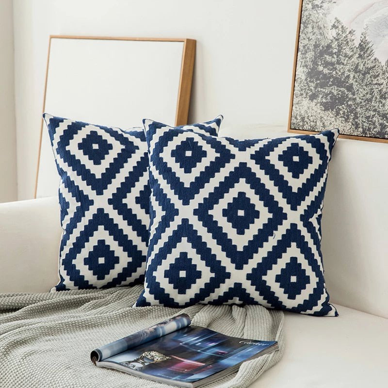 Blauw Borduursel Decoratief Kussen met Ornamentpatroon