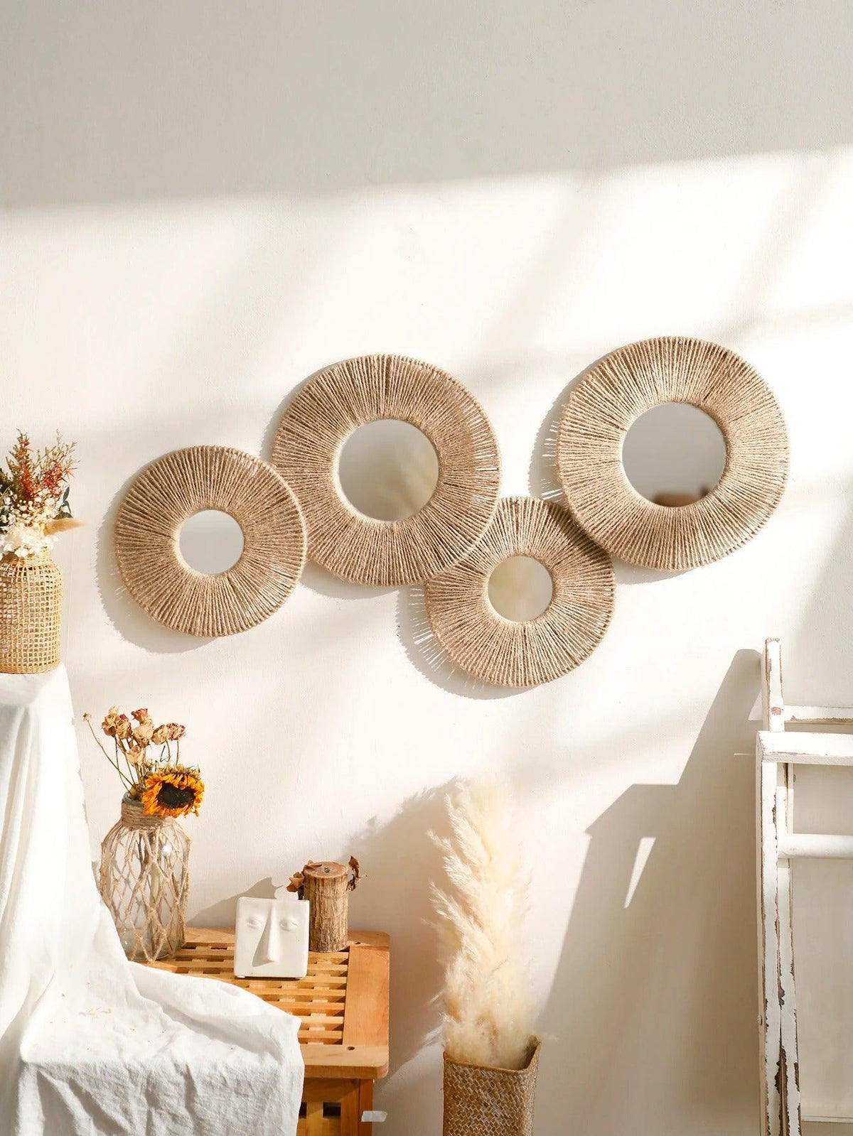 Avosian | Ronde decoratieve wandspiegel in boho stijl met geweven henneptouw