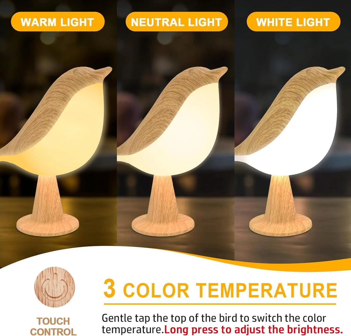 Touch-Control Houten Vogel Nachtlamp - Oplaadbare LED Bedlamp