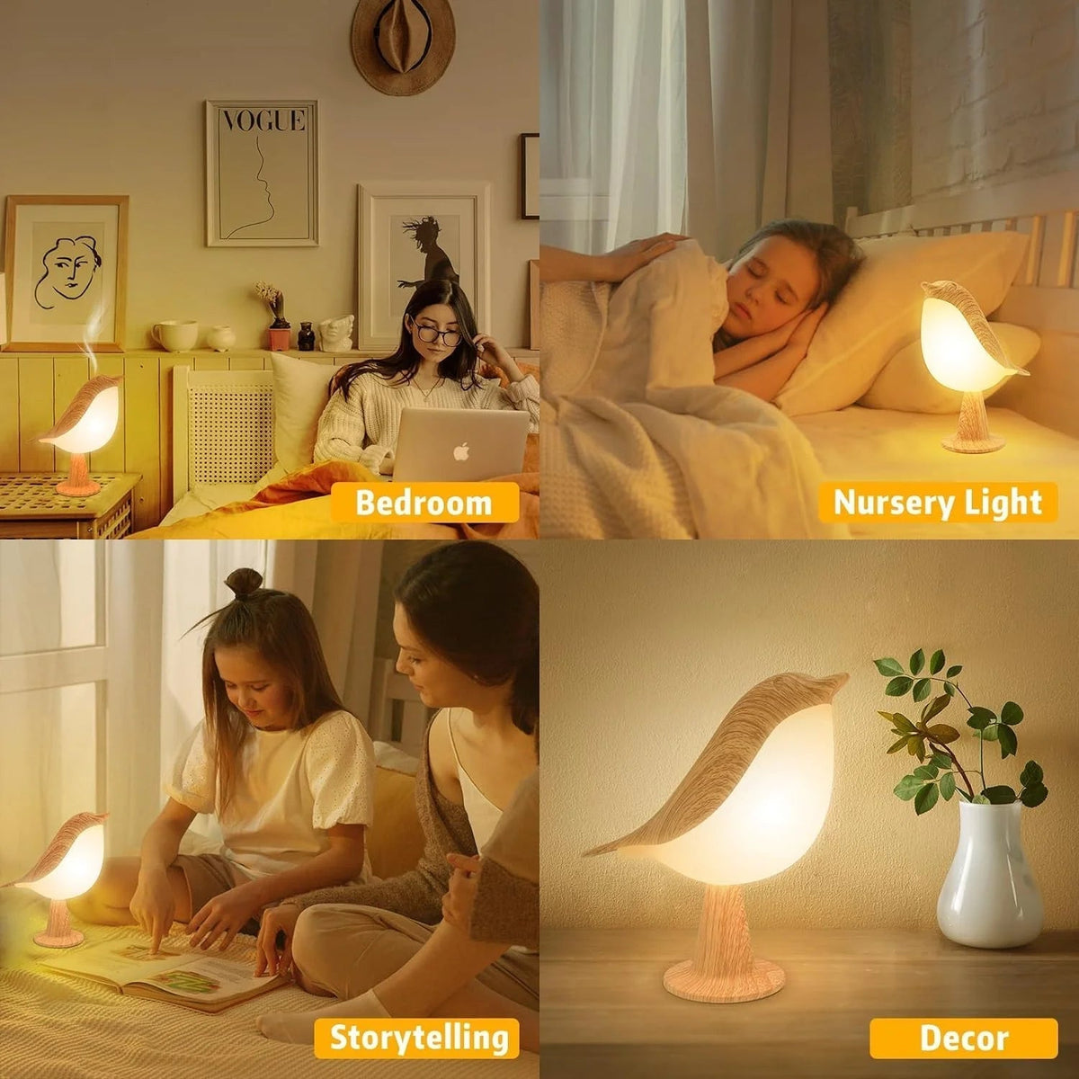 Touch-Control Houten Vogel Nachtlamp - Oplaadbare LED Bedlamp